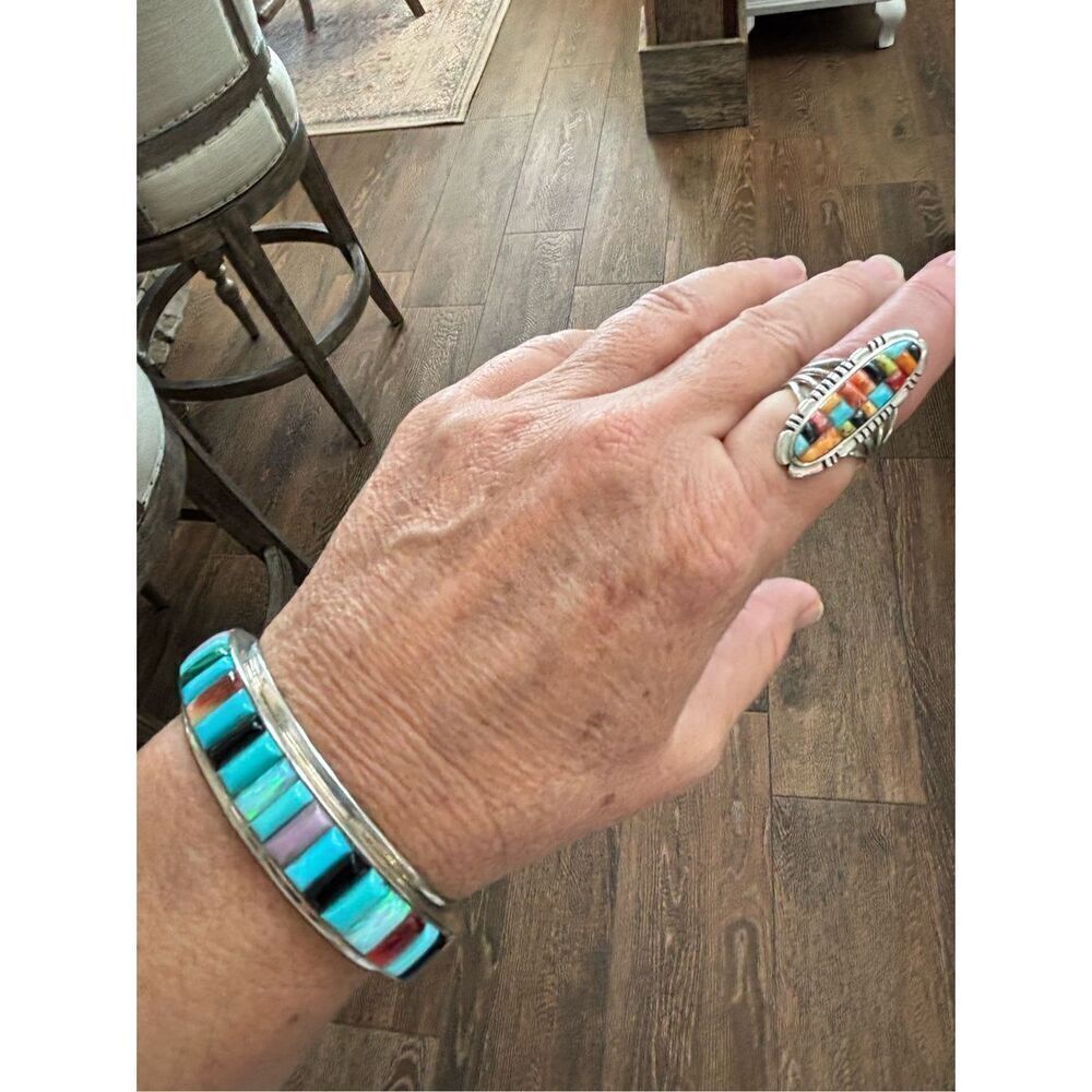 Vintg Thomas Singer navajo turquoise silver 5 pc necklace ring bracelet earrings - Picture 10 of 14